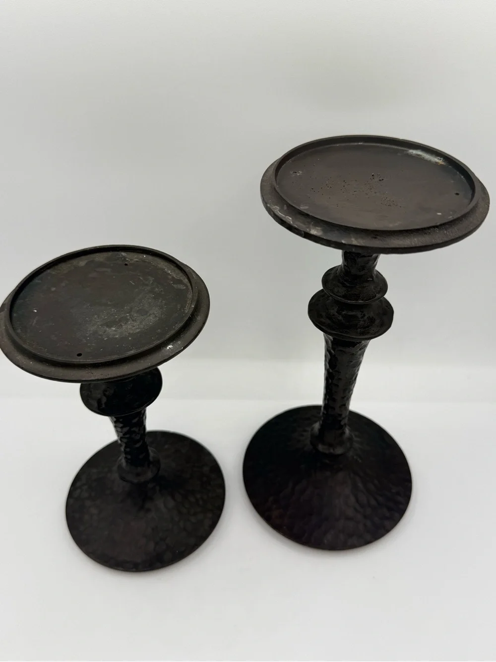 Pottery Barn Black Hammered Metal Pedestal Candle Holders, Set of 2
